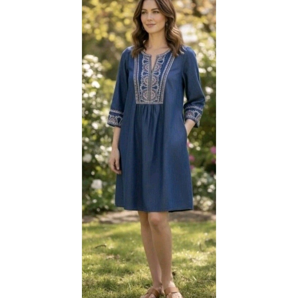 J Jill Cotton Soft Blue Tencel Denim Embroidered Tunic Dress Boho Tribal 3X Plus